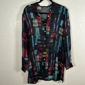 Go Silk Sheer Geometric Print Tunic Blouse Size Large